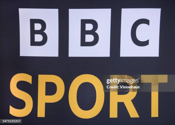 Sport sign on a table used by the presenters and commentators at half time during the FA Women's Super League match between Manchester United and...