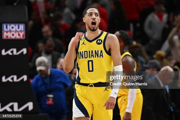 Tyrese Haliburton of the Indiana Pacers reacts in the second half against the Chicago Bulls at United Center on March 05, 2023 in Chicago, Illinois....