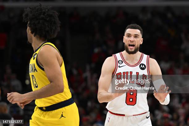 Zach LaVine of the Chicago Bulls reacts in the second half against the Indiana Pacers at United Center on March 05, 2023 in Chicago, Illinois. NOTE...