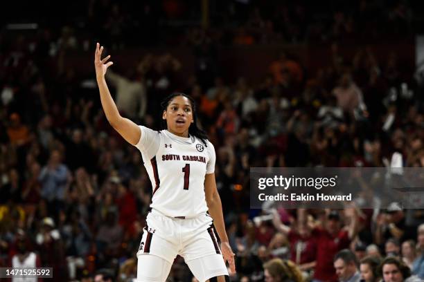 Zia Cooke of the South Carolina Gamecocks celebrates a three point basket against the Tennessee Lady Vols in the fourth quarter during the...