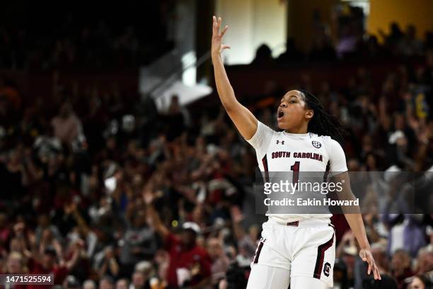 Zia Cooke of the South Carolina Gamecocks celebrates a three point basket against the Tennessee Lady Vols in the fourth quarter during the...
