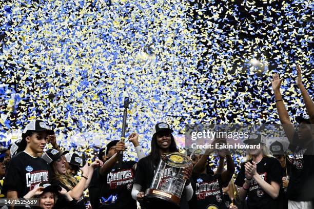 The South Carolina Gamecocks celebrate following their win over the Tennessee Lady Vols for the SEC Women's Basketball Championship at Bon Secours...