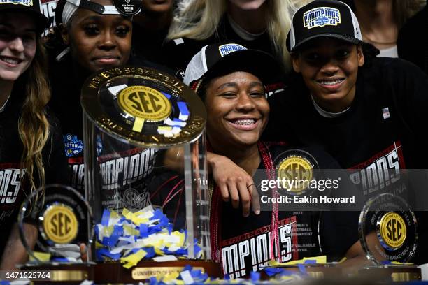 The South Carolina Gamecocks celebrate following their win over the Tennessee Lady Vols for the SEC Women's Basketball Championship at Bon Secours...