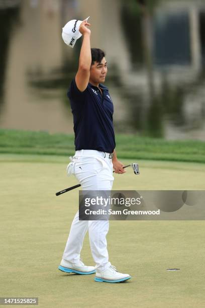 Kurt Kitayama of the United States celebrates after making his putt to win on the 18th green during the final round of the Arnold Palmer Invitational...