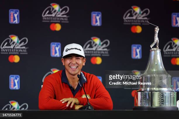 Kurt Kitayama of the United States answers questions from the media after winning the Arnold Palmer Invitational presented by Mastercard at Arnold...