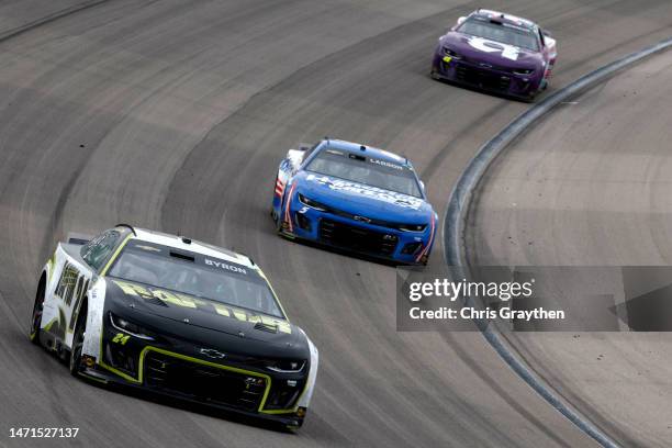 William Byron, driver of the RaptorTough.com Chevrolet, Kyle Larson, driver of the HendrickCars.com Chevrolet, and Alex Bowman, driver of the Ally...