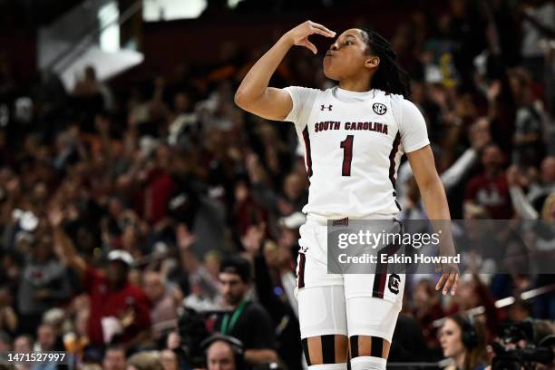 Zia Cooke of the South Carolina Gamecocks celebrates a three point basket against the Tennessee Lady Vols in the fourth quarter during the...