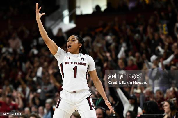 Zia Cooke of the South Carolina Gamecocks celebrates a three point basket against the Tennessee Lady Vols in the fourth quarter during the...