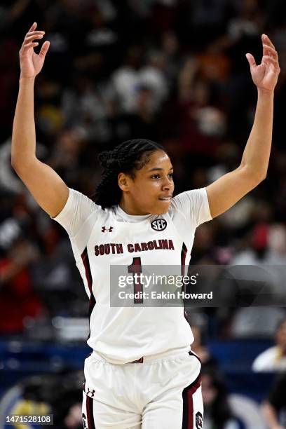 Zia Cooke of the South Carolina Gamecocks hypes up the crowd in the final seconds of fourth quarter against the Tennessee Lady Vols during the...