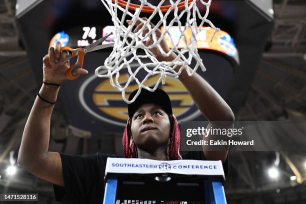 Aliyah Boston of the South Carolina Gamecocks cuts down the net following their win over the Tennessee Lady Vols for the SEC Women's Basketball...