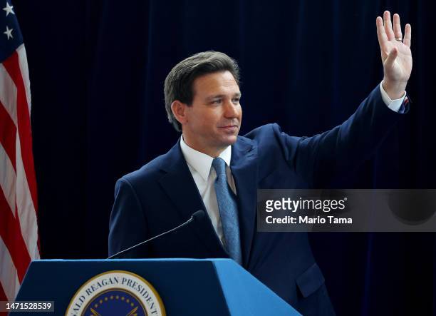 Florida Governor Ron DeSantis waves to the crowd after speaking about his new book ‘The Courage to Be Free’ in the Air Force One Pavilion at the...