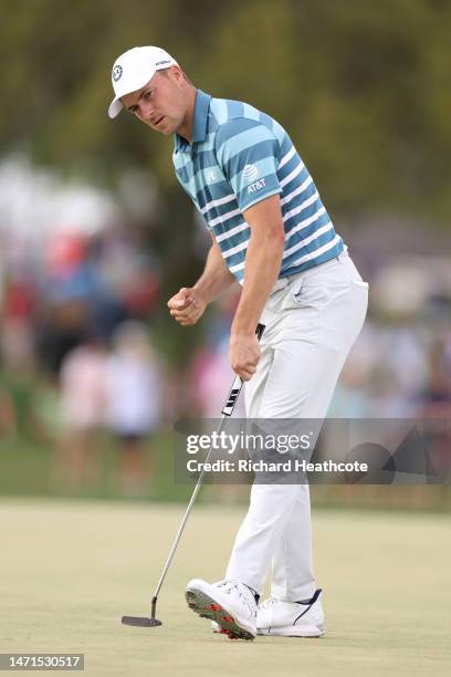 Jordan Spieth of the United States reacts to his putt for birdie on the 13th green during the final round of the Arnold Palmer Invitational presented...