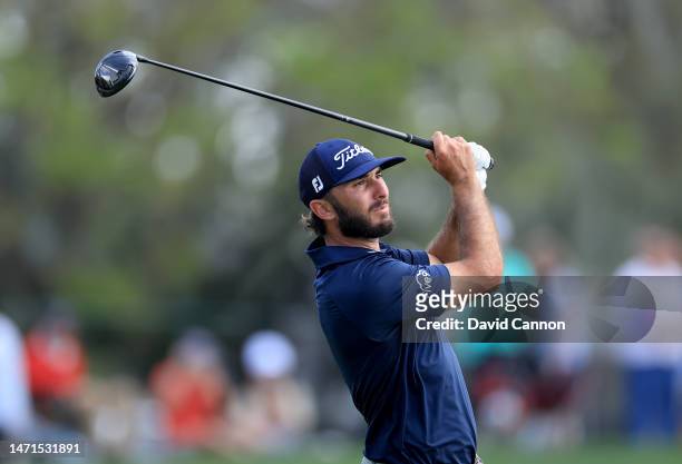 Max Homa of The United States plays his tee shot on the 12th hole during the final round of the Arnold Palmer Invitational presented by Mastercard at...