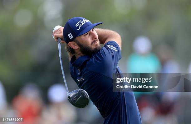 Max Homa of The United States plays his tee shot on the 12th hole during the final round of the Arnold Palmer Invitational presented by Mastercard at...