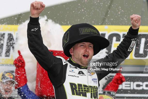 William Byron, driver of the RaptorTough.com Chevrolet, celebrates in victory lane after winning the NASCAR Cup Series Pennzoil 400 at Las Vegas...