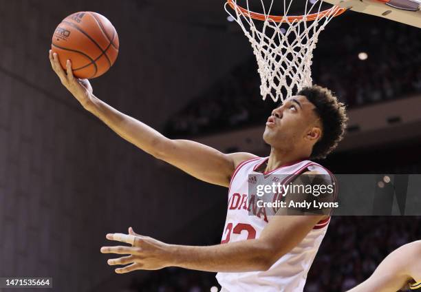 Trayce Jackson-Davis of the Indiana Hoosiers shoots the ball against the Michigan Wolverines at Simon Skjodt Assembly Hall on March 05, 2023 in...