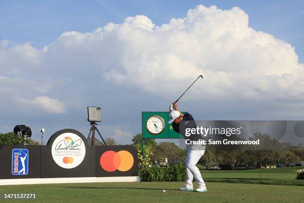 Kurt Kitayama of the United States plays his shot from the 14th tee during the final round of the Arnold Palmer Invitational presented by Mastercard...