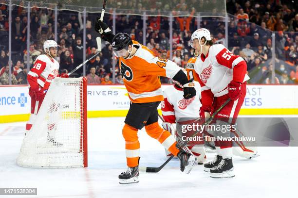 Morgan Frost of the Philadelphia Flyers celebrates after scoring during the second period against the Detroit Red Wings at Wells Fargo Center on...