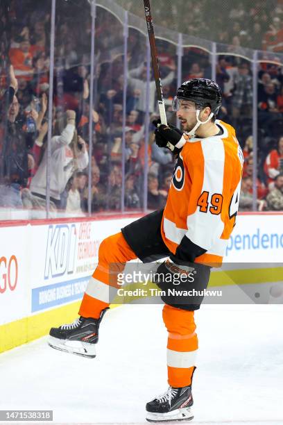 Morgan Frost of the Philadelphia Flyers celebrates after scoring during the second period against the Detroit Red Wings at Wells Fargo Center on...