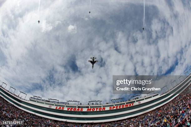 The U.S. Air Force Thunderbirds perform a flyover prior to the NASCAR Cup Series Pennzoil 400 at Las Vegas Motor Speedway on March 05, 2023 in Las...