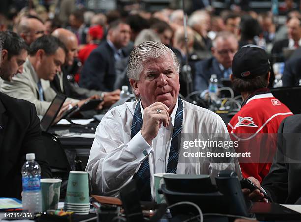 Brian Burke of the Toronto Maple Leafs attends day two of the 2012 NHL Entry Draft at Consol Energy Center on June 23, 2012 in Pittsburgh,...
