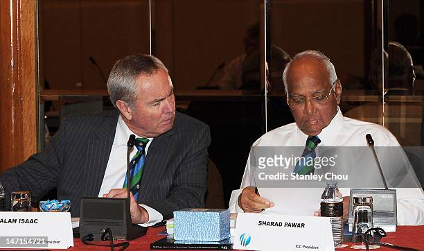 President, Sharad Pawar and ICC Vice President, Alan Isaac attend the ICC Executive Board meeting convened during the ICC Annual Conference held at...