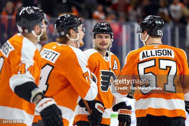 Scott Laughton of the Philadelphia Flyers reacts after defeating the Detroit Red Wings at Wells Fargo Center on March 05, 2023 in Philadelphia,...