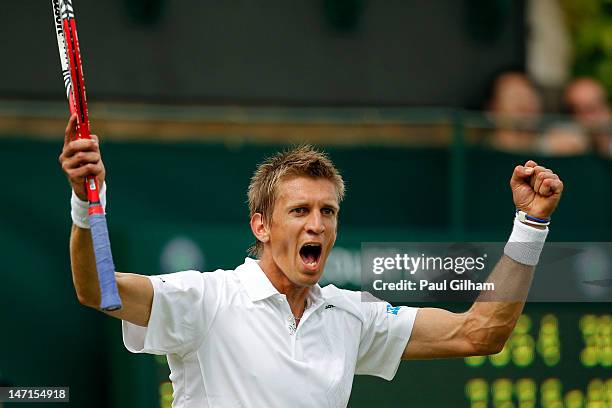 Jarkko Nieminen of Finland reacts during his Gentlemen's Singles first round match against Feliciano Lopez of Spain on day two of the Wimbledon Lawn...