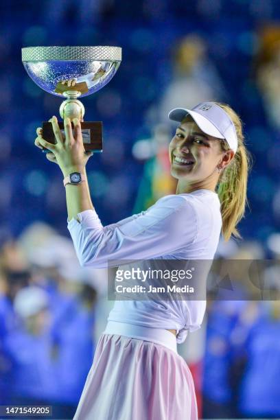 Donna Vekic of Croatia lifts the champion thophy after winning the final round singles match against Caroline Garcia of France as part of the GNP...