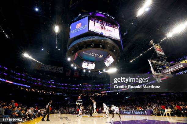 General view of tip-off between the Golden State Warriors and the Los Angeles Lakers at Crypto.com Arena on March 05, 2023 in Los Angeles,...