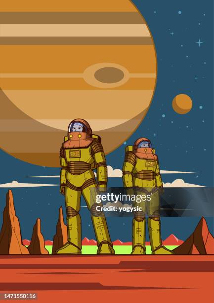 vector sci-fi astronaut on a new planet poster stock illustration - retro futurism space stock illustrations