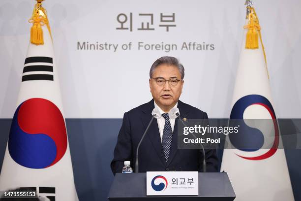 South Korean Foreign Minister Park Jin speaks during a briefing on March 06, 2023 in Seoul, South Korea. The South Korean government announced to...