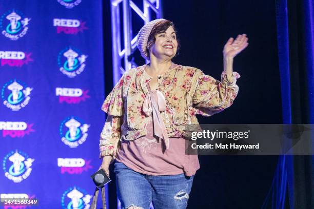 Actress Sherilyn Fenn arrives onstage during the Emerald City Comic Con 'A Damn Fine Panel: The Cast of Twin Peaks' panel at Seattle Convention...