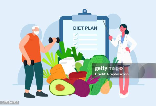 the doctor recommends a nutritional diet plan for the elderly. healthy food and diet planning. weight loss concept. eating with clean fruits and vegetables - elderly exercising stock illustrations