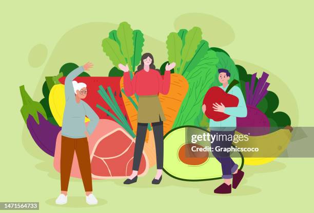 der ernährungsberater empfiehlt einen ernährungsplan für ältere menschen. gesunde ernährung und diätplanung. gewichtsverlust konzept. essen mit sauberem obst und gemüse - wellness frau stock-grafiken, -clipart, -cartoons und -symbole