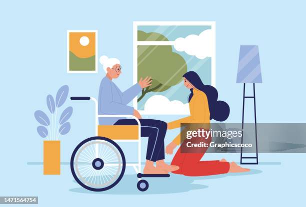 ilustraciones, imágenes clip art, dibujos animados e iconos de stock de una joven cuida a su anciana madre en su casa en silla de ruedas - nutricionista