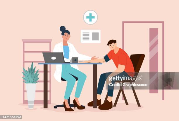 doctor using patient's blood pressure monitor to check physical condition. doctor measuring arterial blood pressure - doctor's office stock illustrations