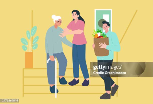 son and daughter taking care of his elderly and weak mother at home. - balance stock illustrations