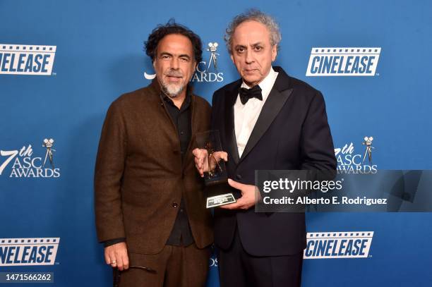 Darius Khondji, recipient of the International award, poses with Alejandro González Iñárritu in the press room during the 37th Annual American...