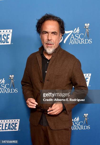 Alejandro González Iñárritu poses in the press room during the 37th Annual American Society of Cinematographers at The Beverly Hilton on March 05,...