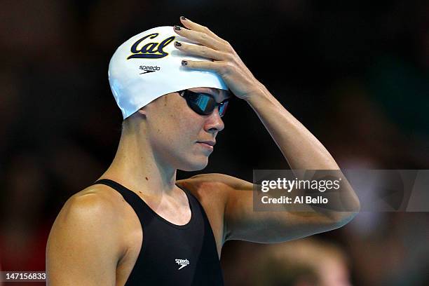 Natalie Coughlin looks on as she prepares to compete in preliminary heat 17 of the Women's 100 m Backstroke during Day Two of the 2012 U.S. Olympic...