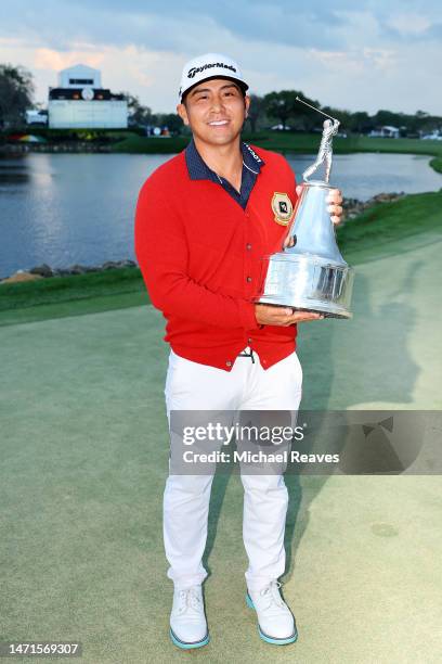 Kurt Kitayama of the United States poses with the trophy after winning the Arnold Palmer Invitational presented by Mastercard at Arnold Palmer Bay...