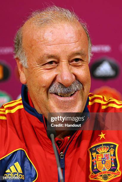 In this handout image provided by UEFA, Head coach Vicente del Bosque of Spain talks to the media during a UEFA EURO 2012 press conference at the...