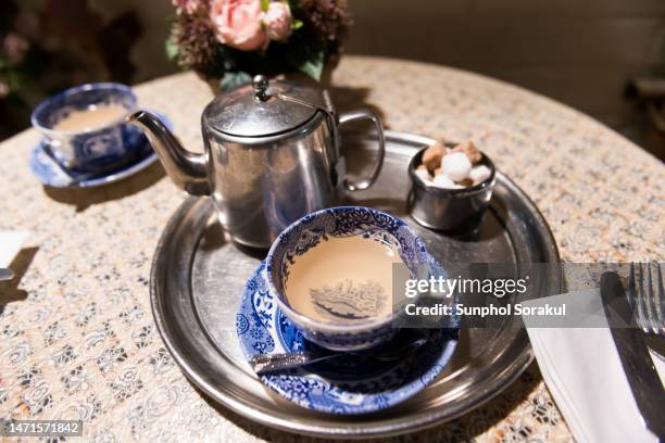 a traditional afternoon english tea set - english afternoon tea stock pictures, royalty-free photos & images