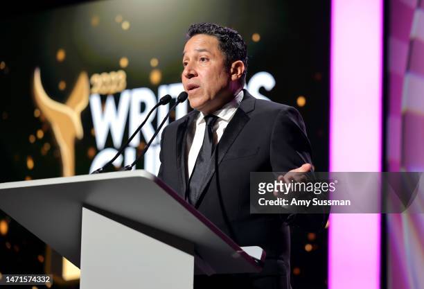 Oscar Nuñez speaks onstage during the 2023 Writers Guild Awards West Coast Ceremony at Fairmont Century Plaza on March 05, 2023 in Los Angeles,...