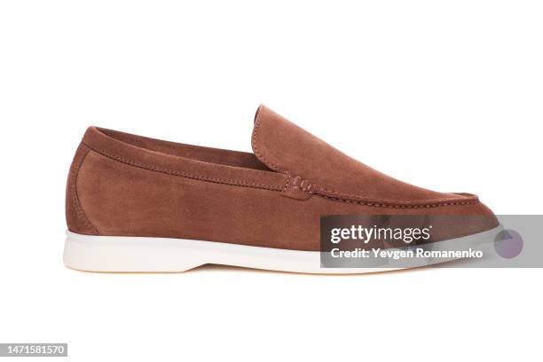 brown suede loafers isolated on white background - suede boot stock pictures, royalty-free photos & images