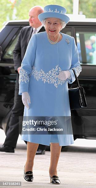 Queen Elizabeth II visits the South Western Acute Hospital on June 26, 2012 in Enniskillen, Northern Ireland. The Queen and Duke of Edinburgh are on...