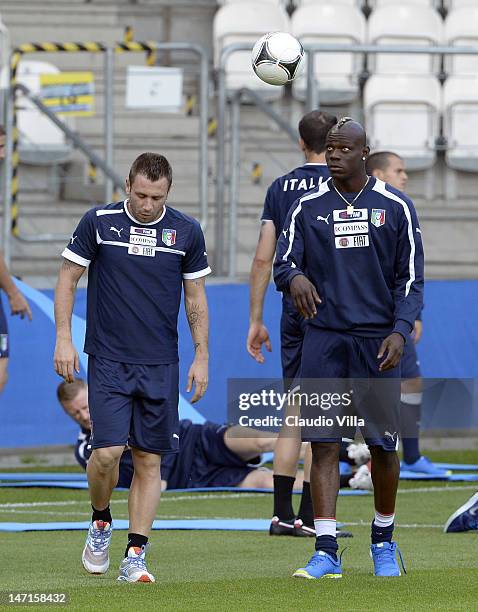 Mario Balotelli and Antonio Cassano of Italy during a training session on June 26, 2012 in Krakow, Poland.