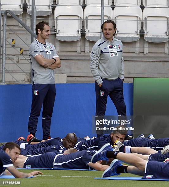 Italy head coach Cesare Prandelli and assistant coach Nicolo Prandelli during a training session at Marshal Józef Pilsudski Stadium on June 26, 2012...