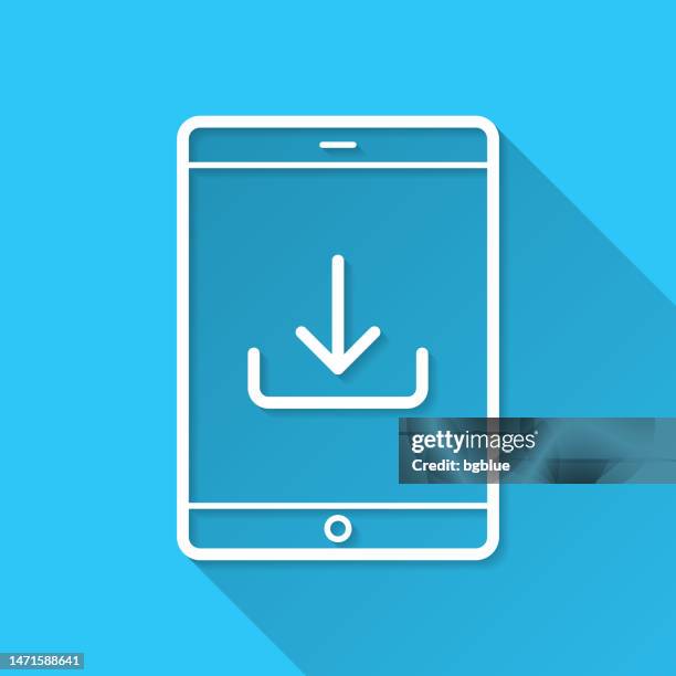 download on tablet pc. icon on blue background - flat design with long shadow - using tablet isolated stock illustrations